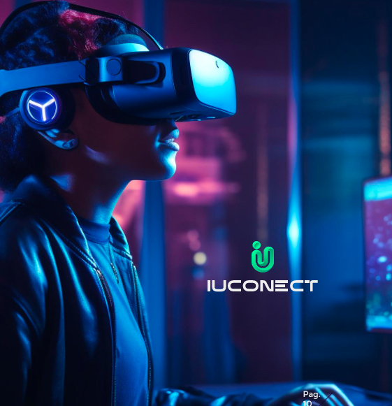 Pessoa a interagir com uma interface tecnológica imersiva, representando a experiência em tempo real da plataforma iUConect